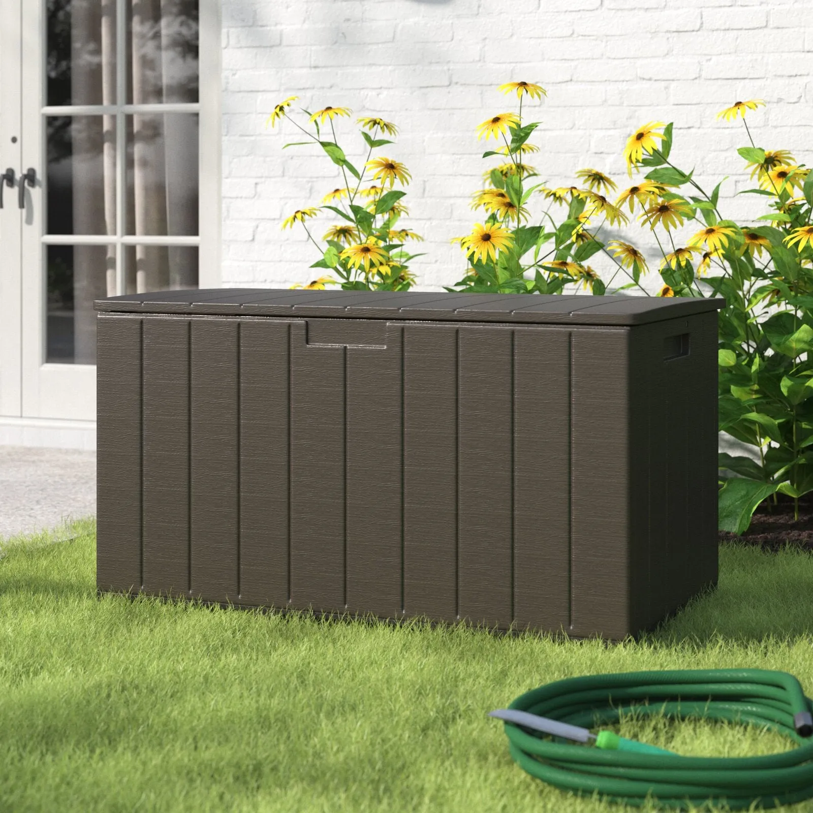 130 Gallon Outdoor Deck Box All-Weather Resin Wood Look Patio Storage Container