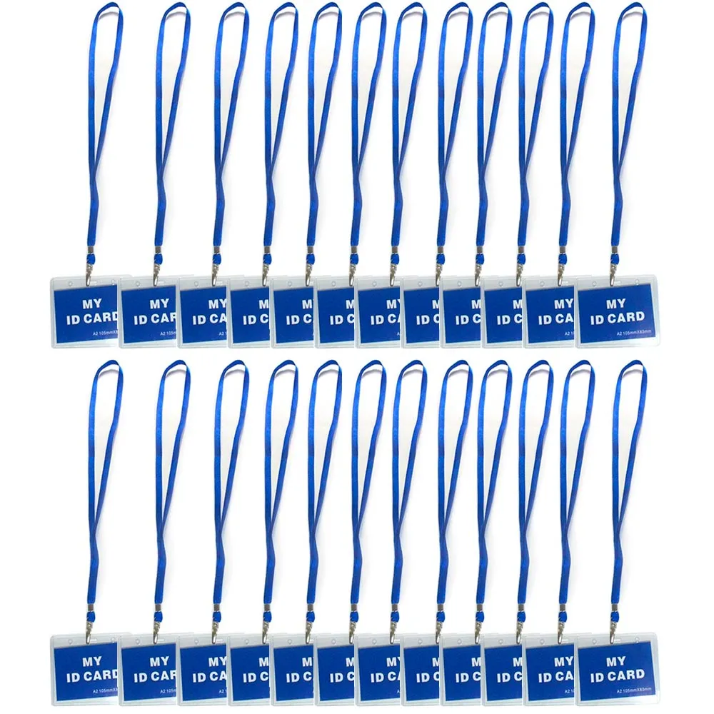 24 Pc ID Name Badge Card Holder Vinyl Clear Case Blue Lanyard Horizontal License
