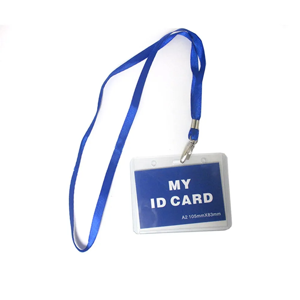24 Pc ID Name Badge Card Holder Vinyl Clear Case Blue Lanyard Horizontal License