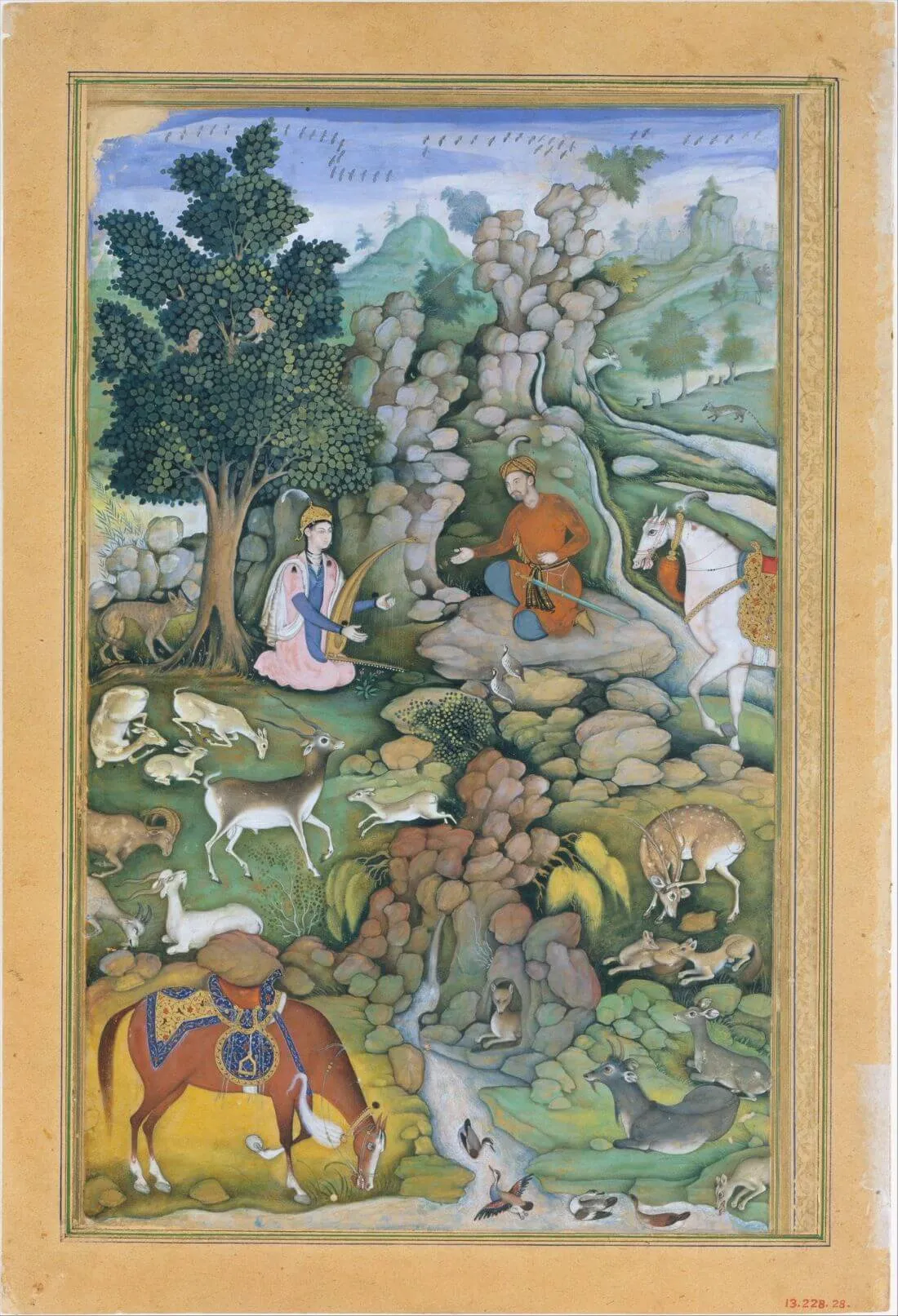 Bahram Gur Sees A Herd Of Deer Mesmerized By Dilaram’ S MusicKhamsa (Quintet) - C.1570–1604 -  Vintage Indian Miniature Art Painting - Canvas Prints