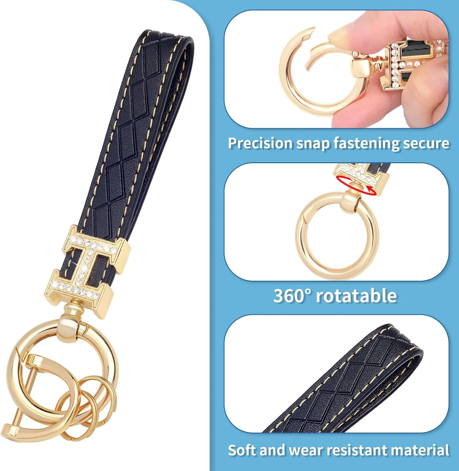 Black Leather double Bling Rhinestones keychain Fingerprint Resistant Plating Metal Key Chain Ring