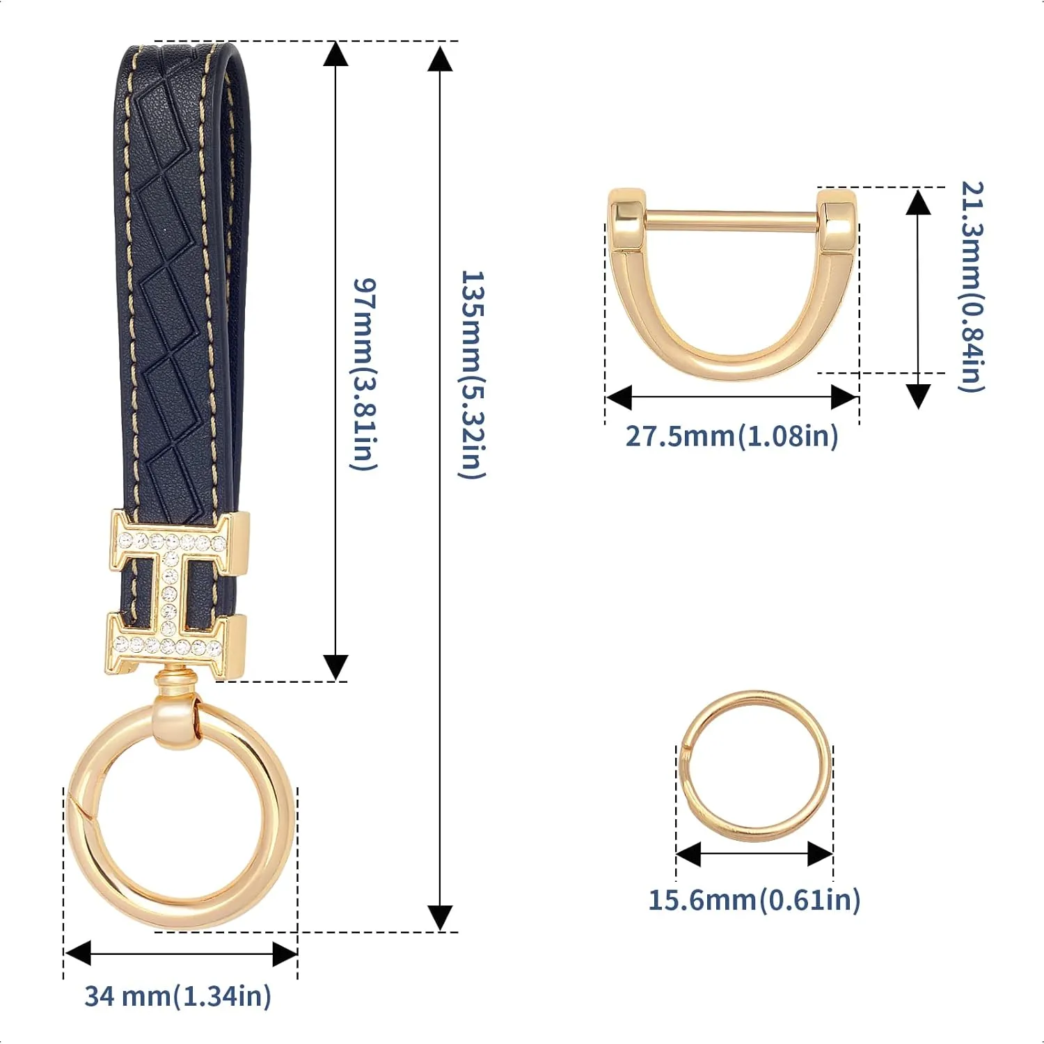 Black Leather double Bling Rhinestones keychain Fingerprint Resistant Plating Metal Key Chain Ring