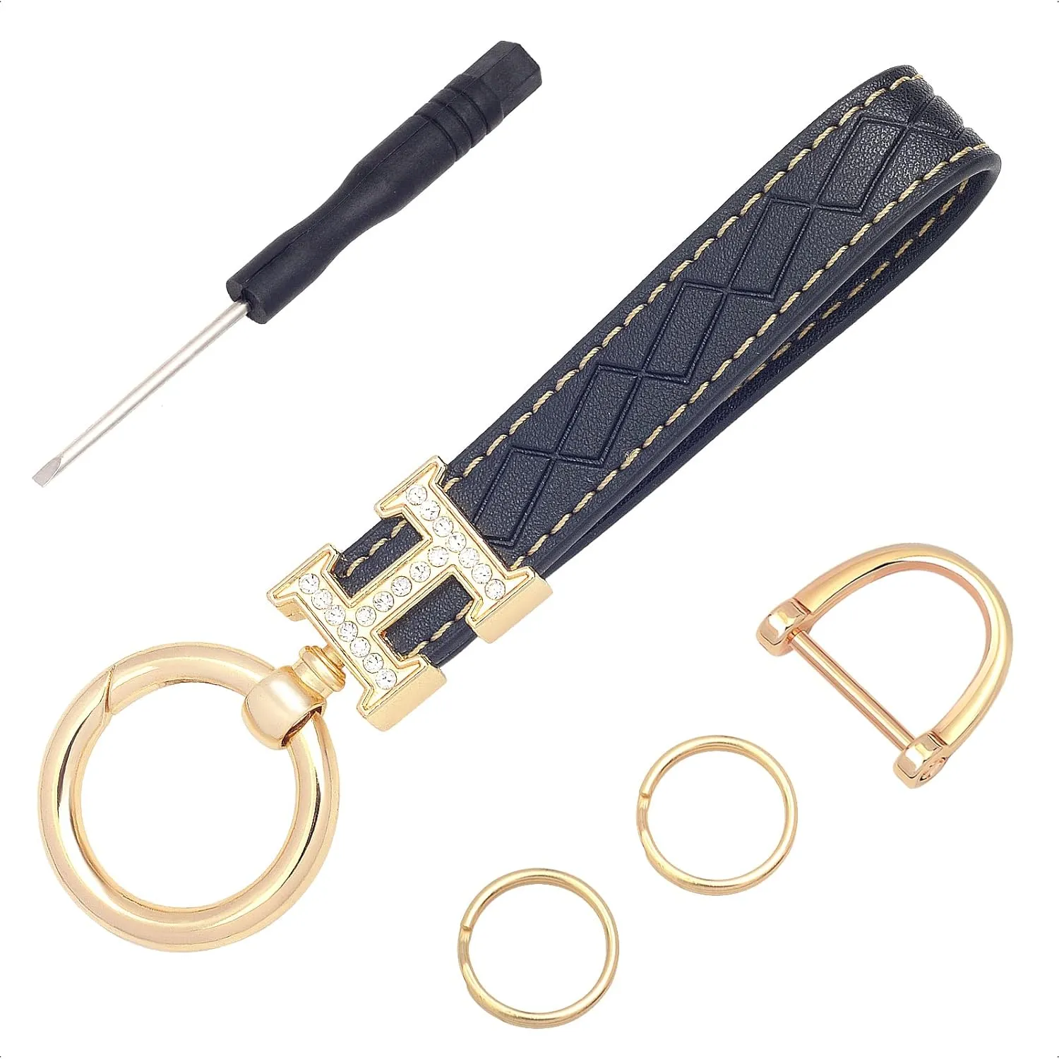 Black Leather double Bling Rhinestones keychain Fingerprint Resistant Plating Metal Key Chain Ring