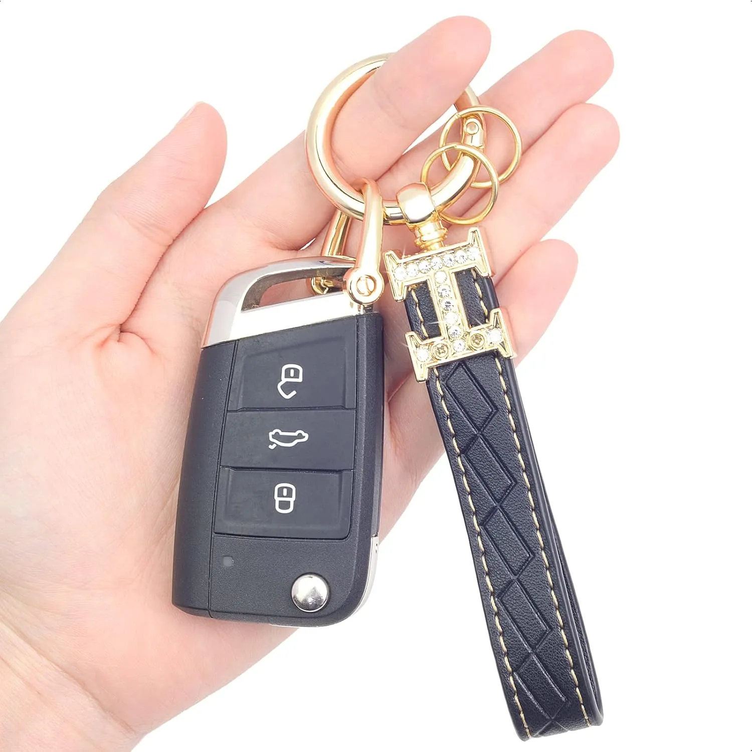 Black Leather double Bling Rhinestones keychain Fingerprint Resistant Plating Metal Key Chain Ring