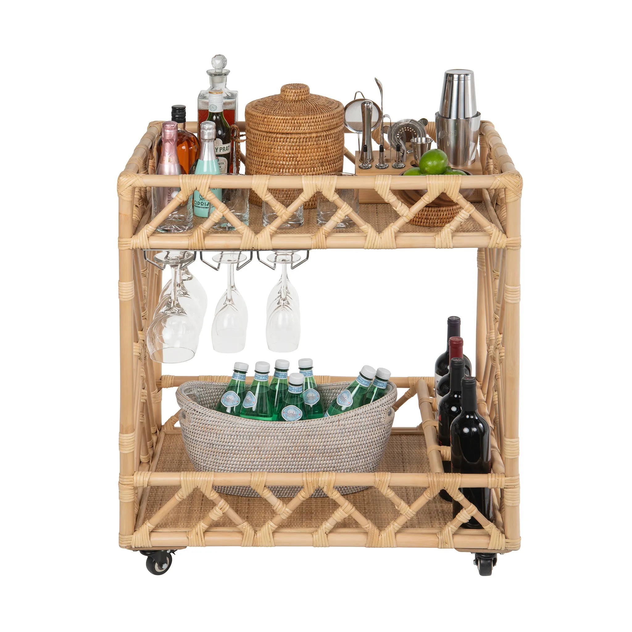 Chippendale Rattan 2-Tier Bar Serving Cart on Lockable Wheels