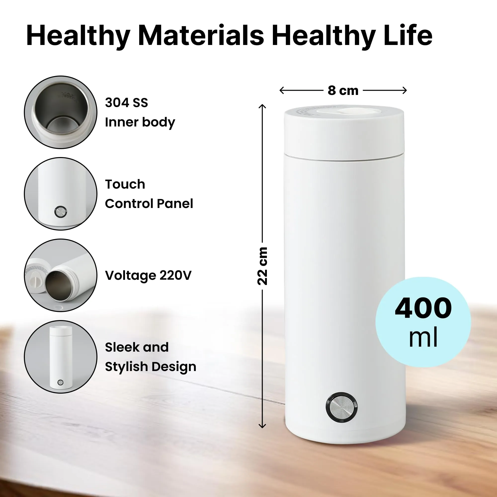 FUMATO Electric Kettle (400ml, 300W) - Portable, Multipurpose Kettle for Tea, Coffee, Baby Milk - Auto Shut-Off, Dry Protection - Travel-Friendly, White