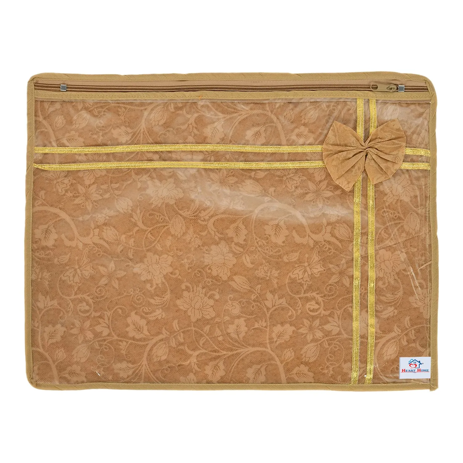 Heart Home Flower Printed Non-Woven Foldable Single Saree Cover, Wardrobe Organiser With Tranasparent Top- Pack of 9 (Brown)-50HH01326
