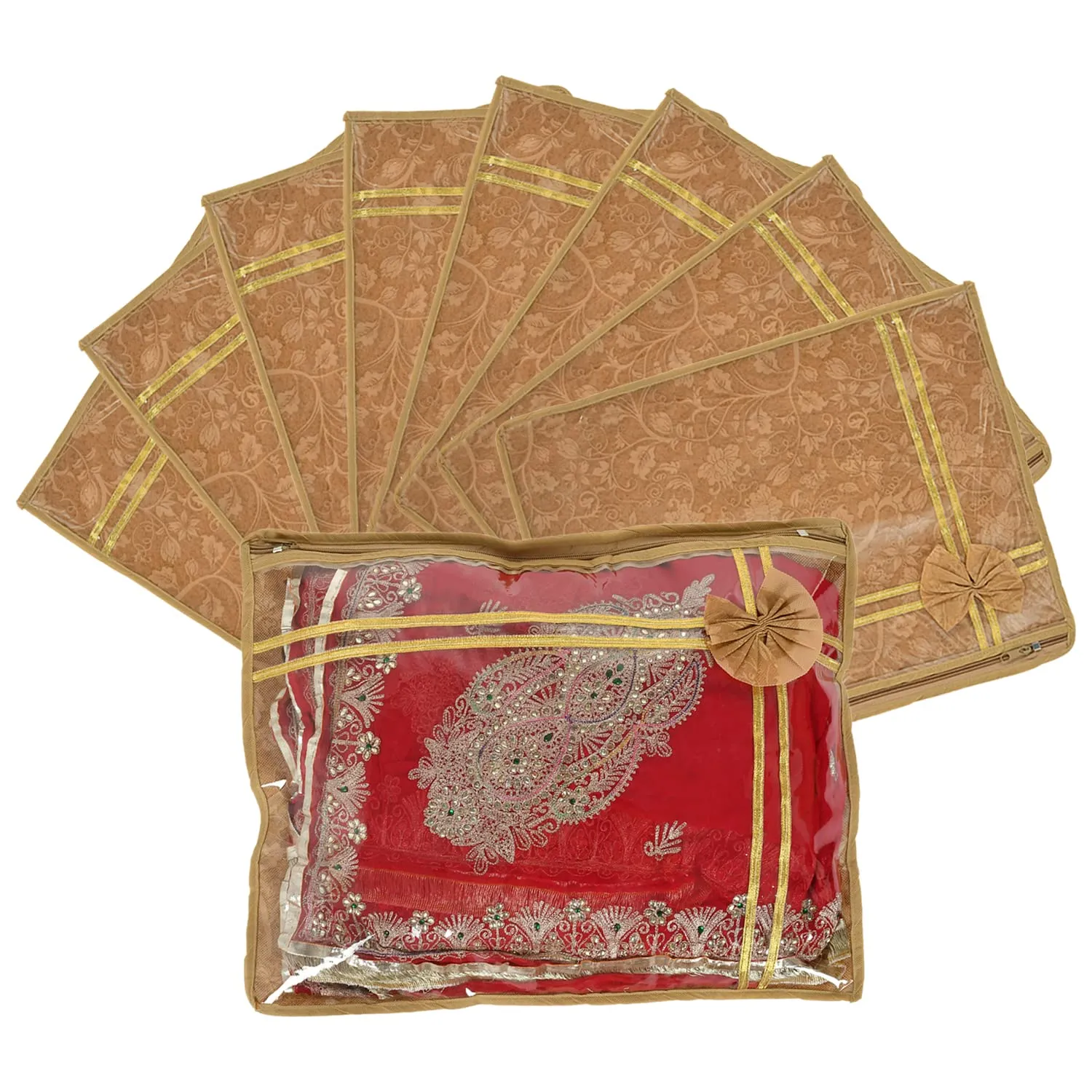 Heart Home Flower Printed Non-Woven Foldable Single Saree Cover, Wardrobe Organiser With Tranasparent Top- Pack of 9 (Brown)-50HH01326