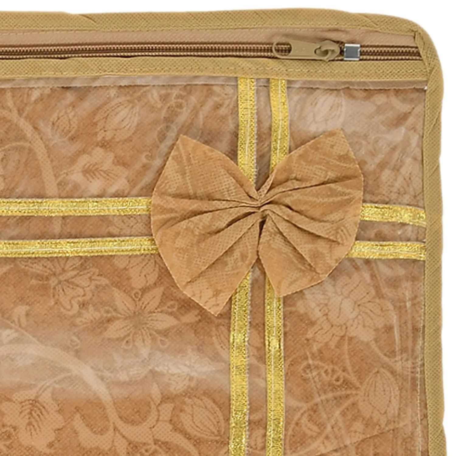 Heart Home Flower Printed Non-Woven Foldable Single Saree Cover, Wardrobe Organiser With Tranasparent Top- Pack of 9 (Brown)-50HH01326