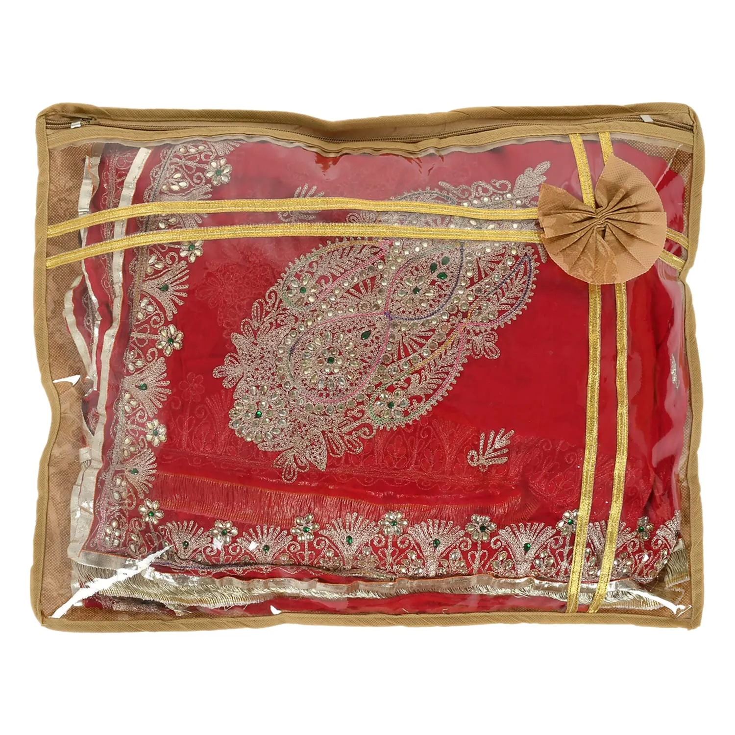 Heart Home Flower Printed Non-Woven Foldable Single Saree Cover, Wardrobe Organiser With Tranasparent Top- Pack of 9 (Brown)-50HH01326