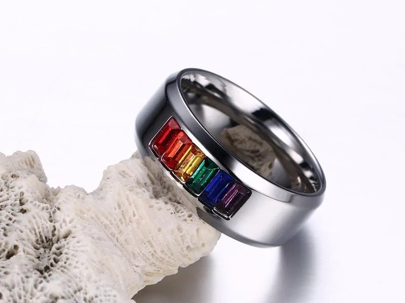 High Polished Premium Steel Rainbow Rhinestone Ring