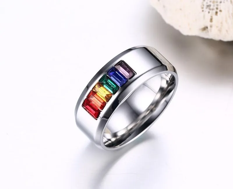High Polished Premium Steel Rainbow Rhinestone Ring