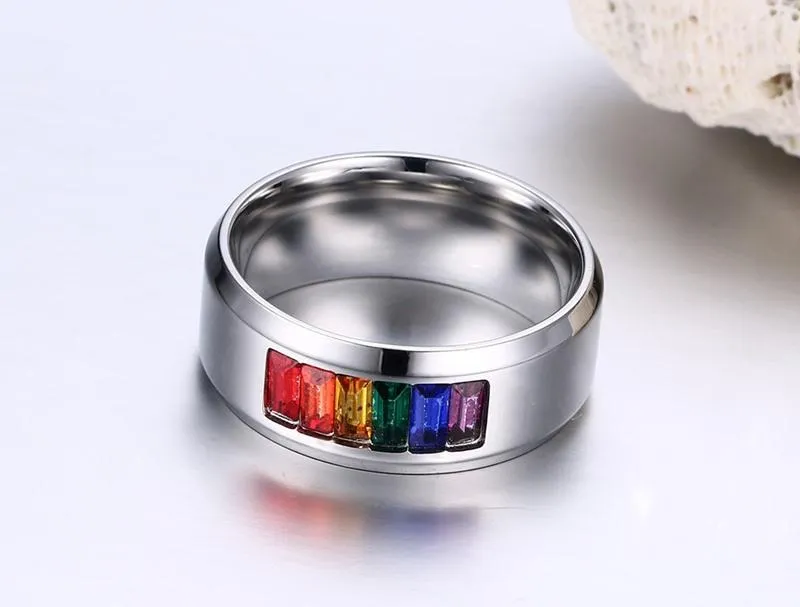 High Polished Premium Steel Rainbow Rhinestone Ring