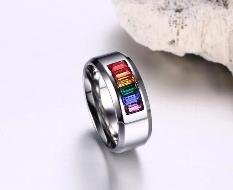 High Polished Premium Steel Rainbow Rhinestone Ring