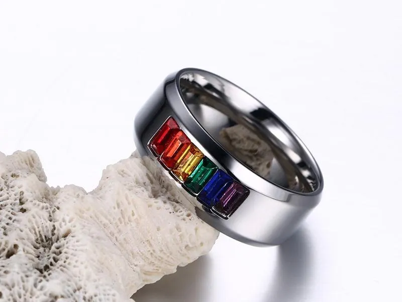 High Polished Premium Steel Rainbow Rhinestone Ring
