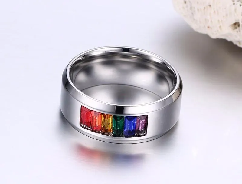 High Polished Premium Steel Rainbow Rhinestone Ring