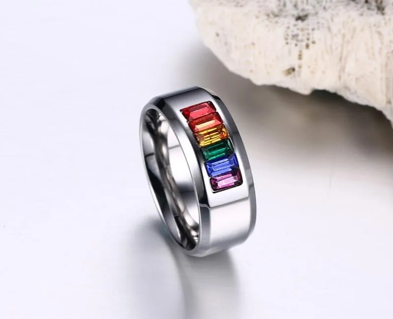 High Polished Premium Steel Rainbow Rhinestone Ring