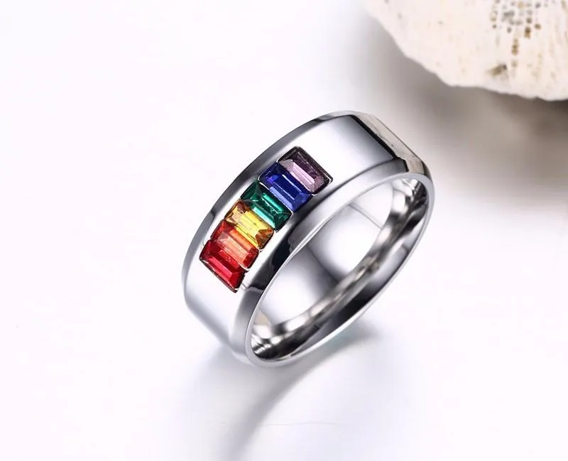 High Polished Premium Steel Rainbow Rhinestone Ring