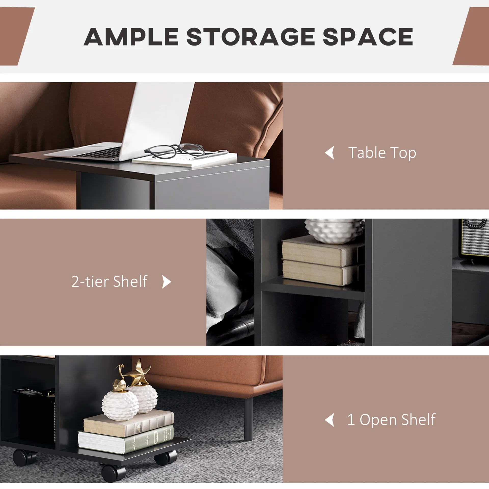 HOMCOM Stylish Black C-Shape End Table with 2 Shelves & 4 Wheels - Ideal Home Office Furniture