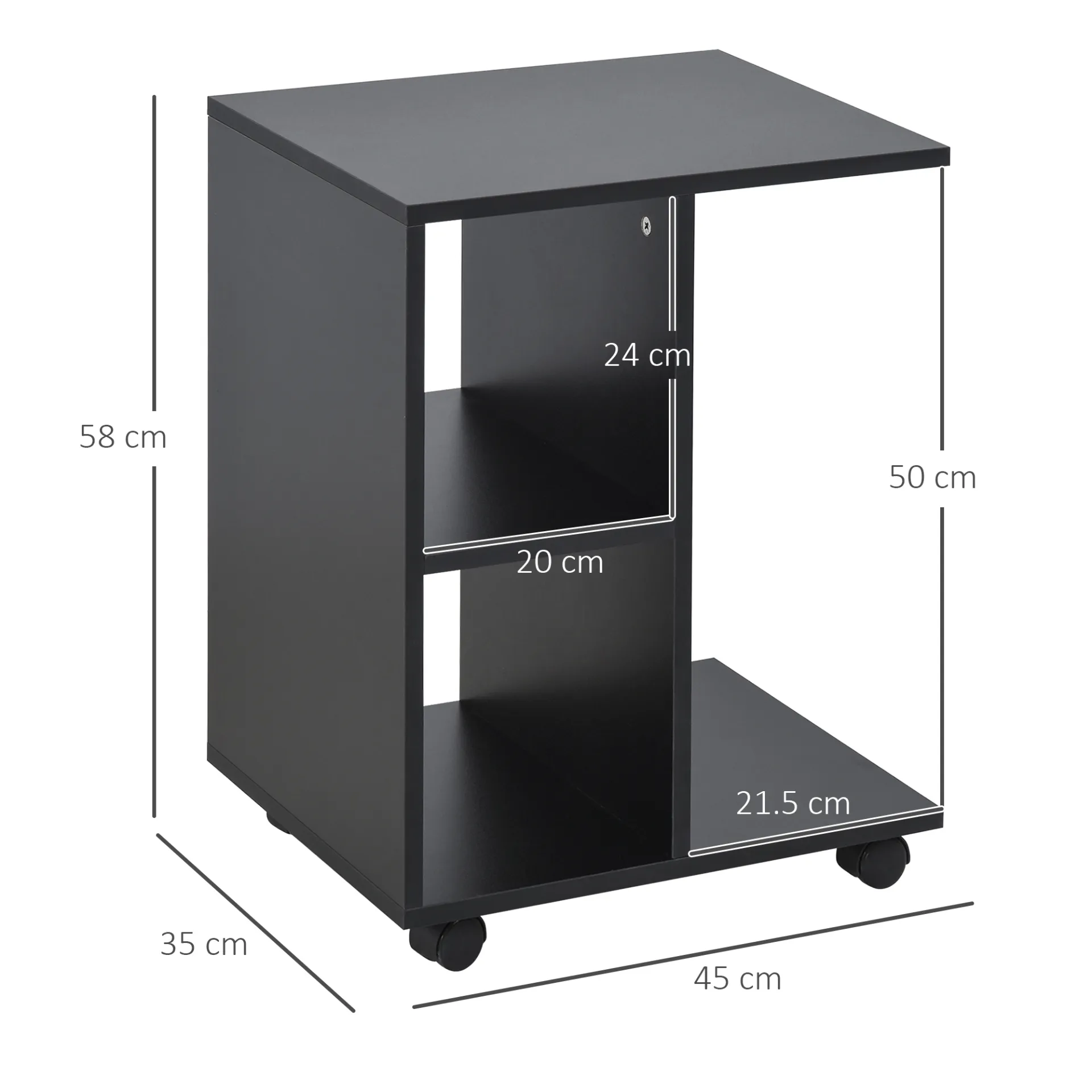 HOMCOM Stylish Black C-Shape End Table with 2 Shelves & 4 Wheels - Ideal Home Office Furniture