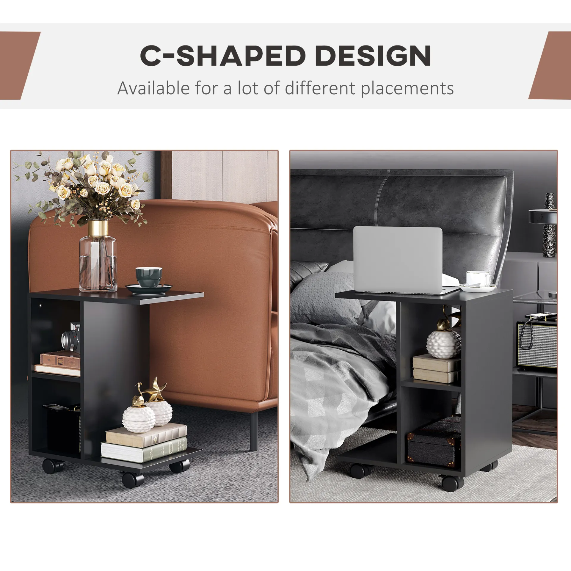 HOMCOM Stylish Black C-Shape End Table with 2 Shelves & 4 Wheels - Ideal Home Office Furniture
