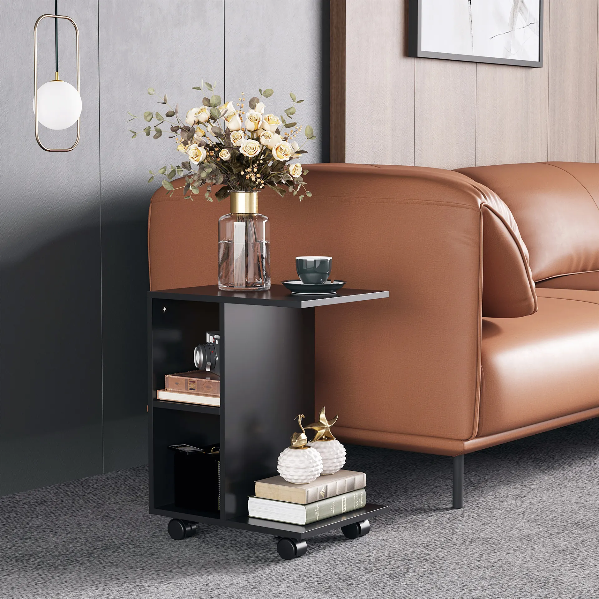 HOMCOM Stylish Black C-Shape End Table with 2 Shelves & 4 Wheels - Ideal Home Office Furniture