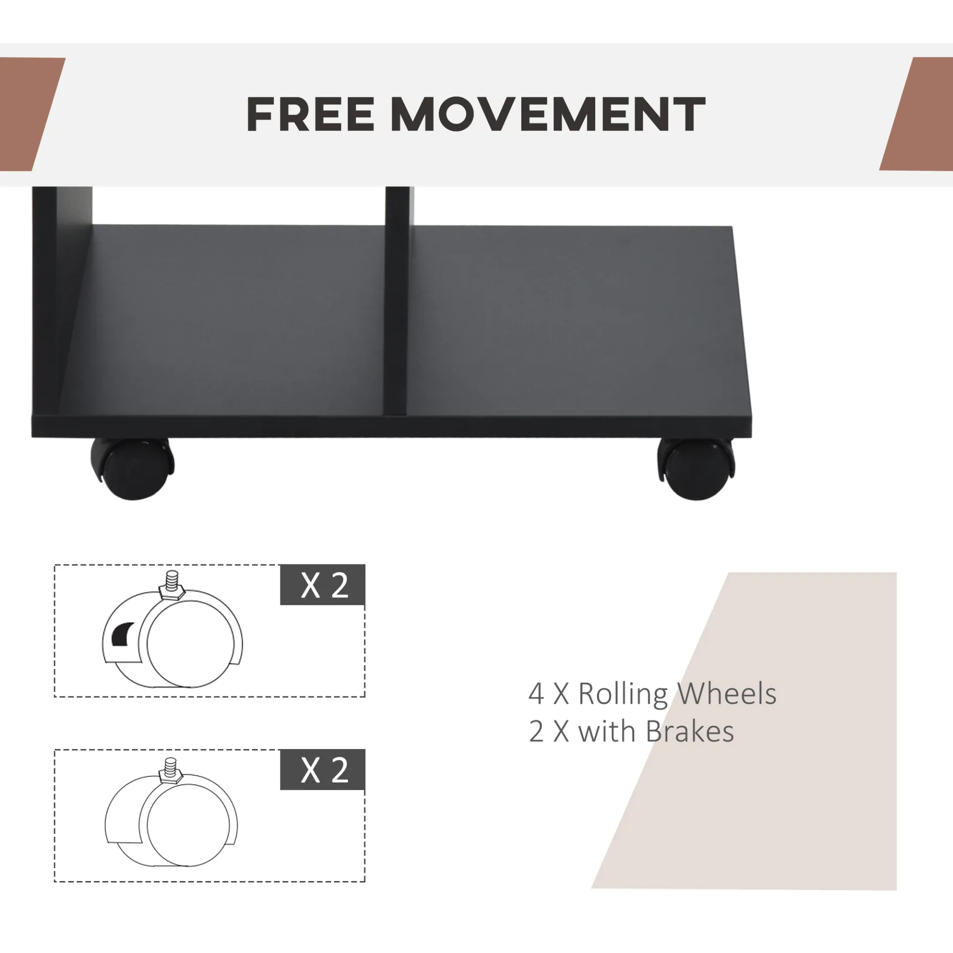 HOMCOM Stylish Black C-Shape End Table with 2 Shelves & 4 Wheels - Ideal Home Office Furniture