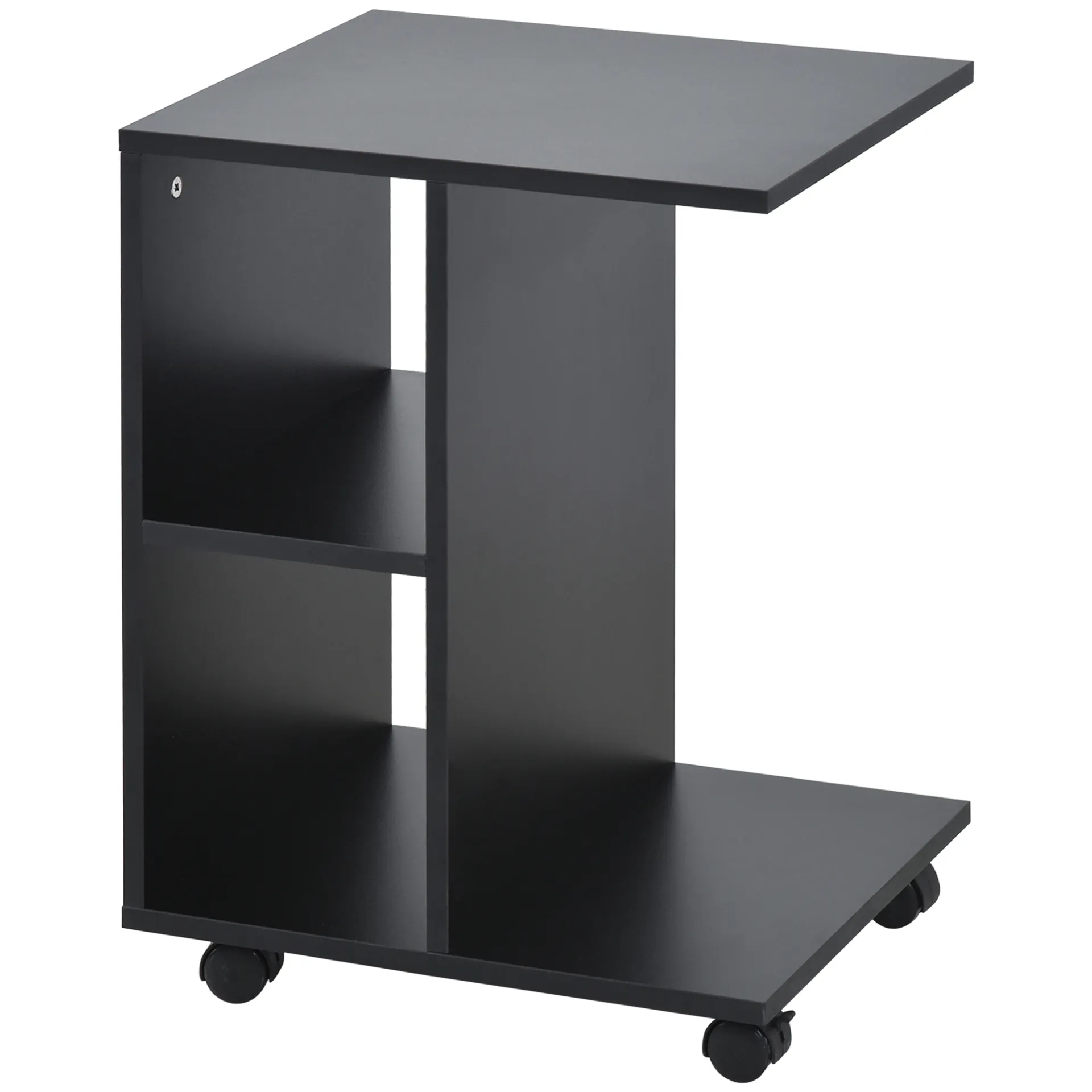 HOMCOM Stylish Black C-Shape End Table with 2 Shelves & 4 Wheels - Ideal Home Office Furniture