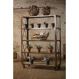 Kalalou - Large Iron & Wood Display W Five Shelves & Iron Casters