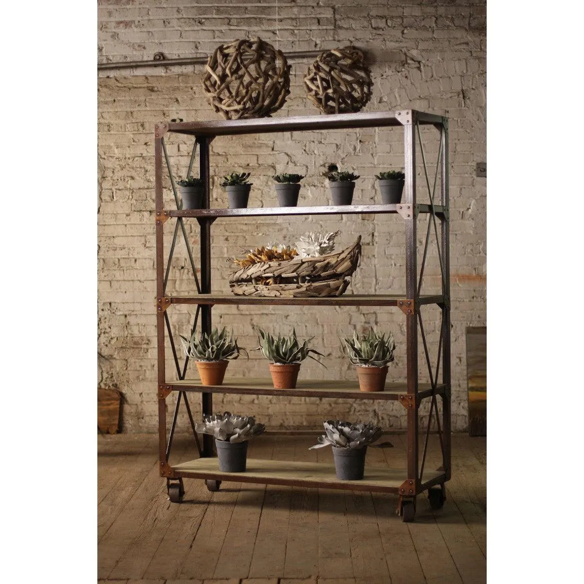Kalalou - Large Iron & Wood Display W Five Shelves & Iron Casters