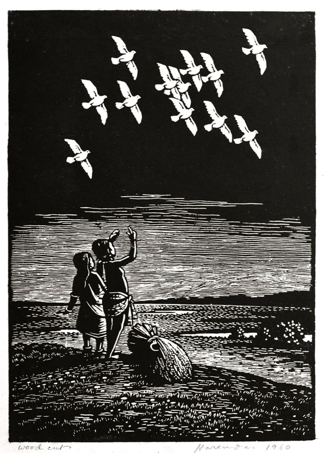 Peace - Haren Das - Bengal School Art Woodcut Painting - Posters