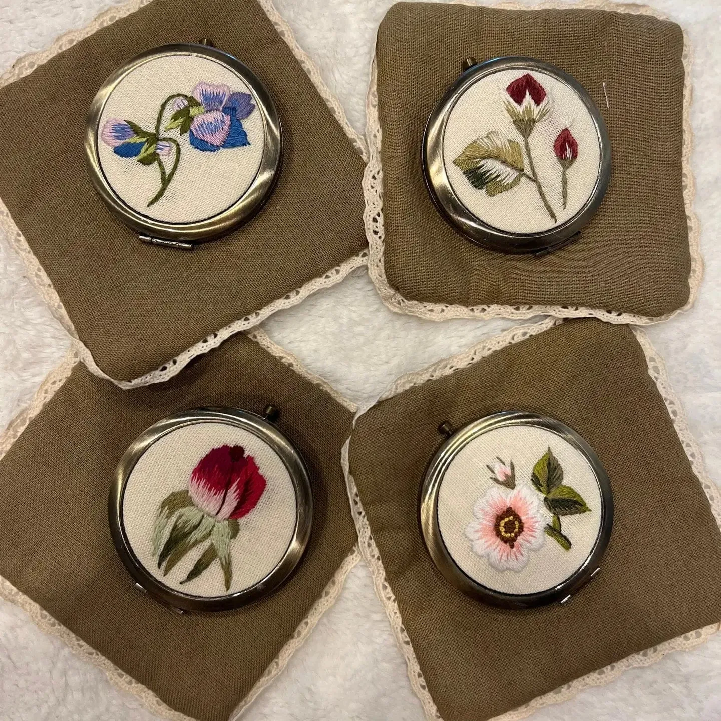 Purple Orchid Floral Embroidered Compact Mirror