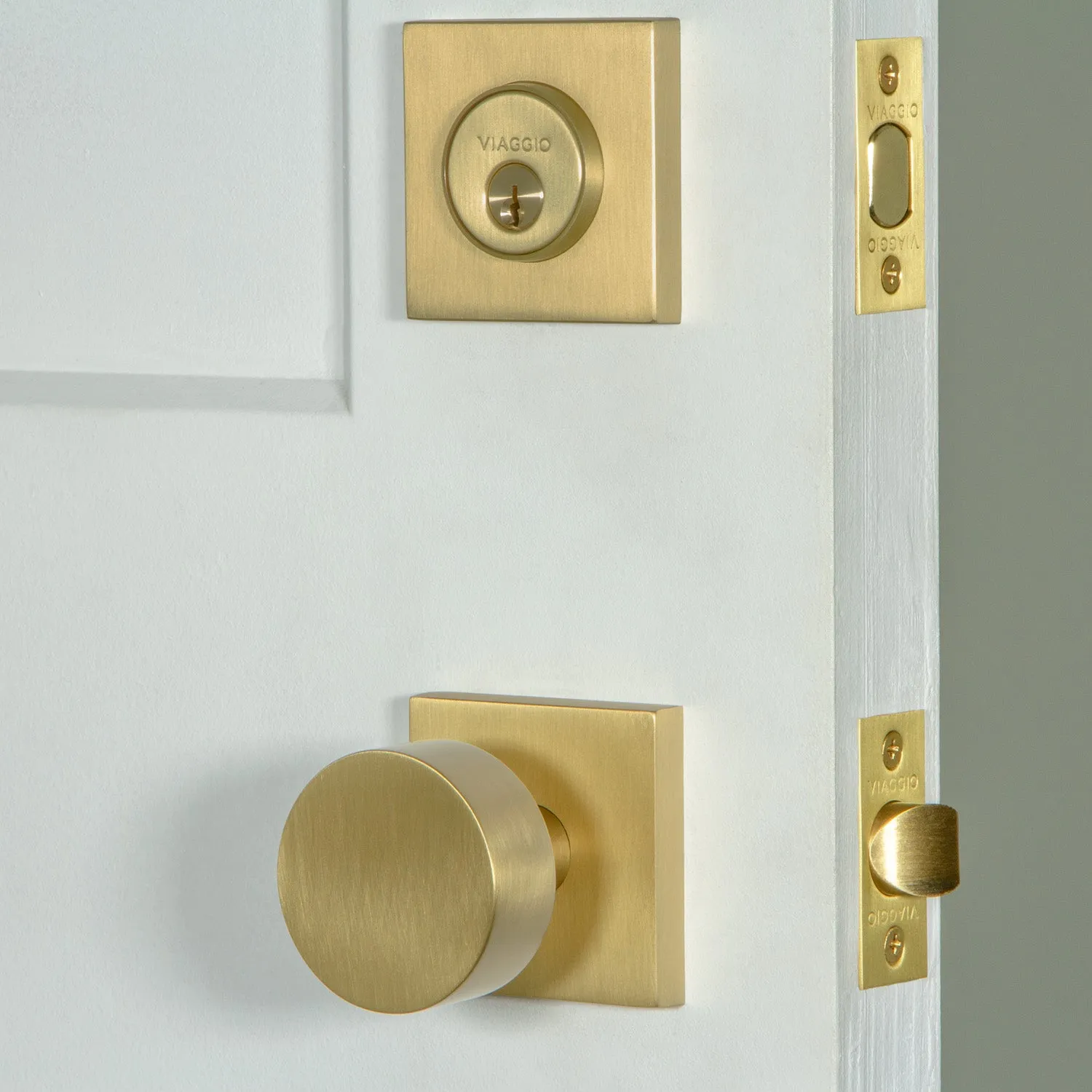 Quadrato Rosette Entry Set with Circolo Knob in Satin Brass