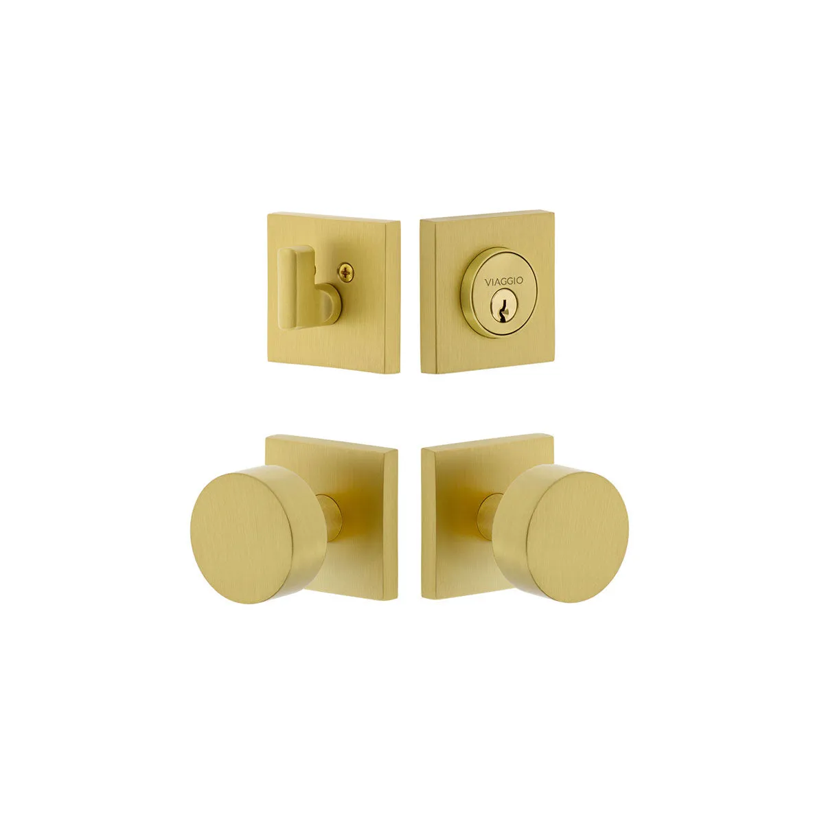 Quadrato Rosette Entry Set with Circolo Knob in Satin Brass