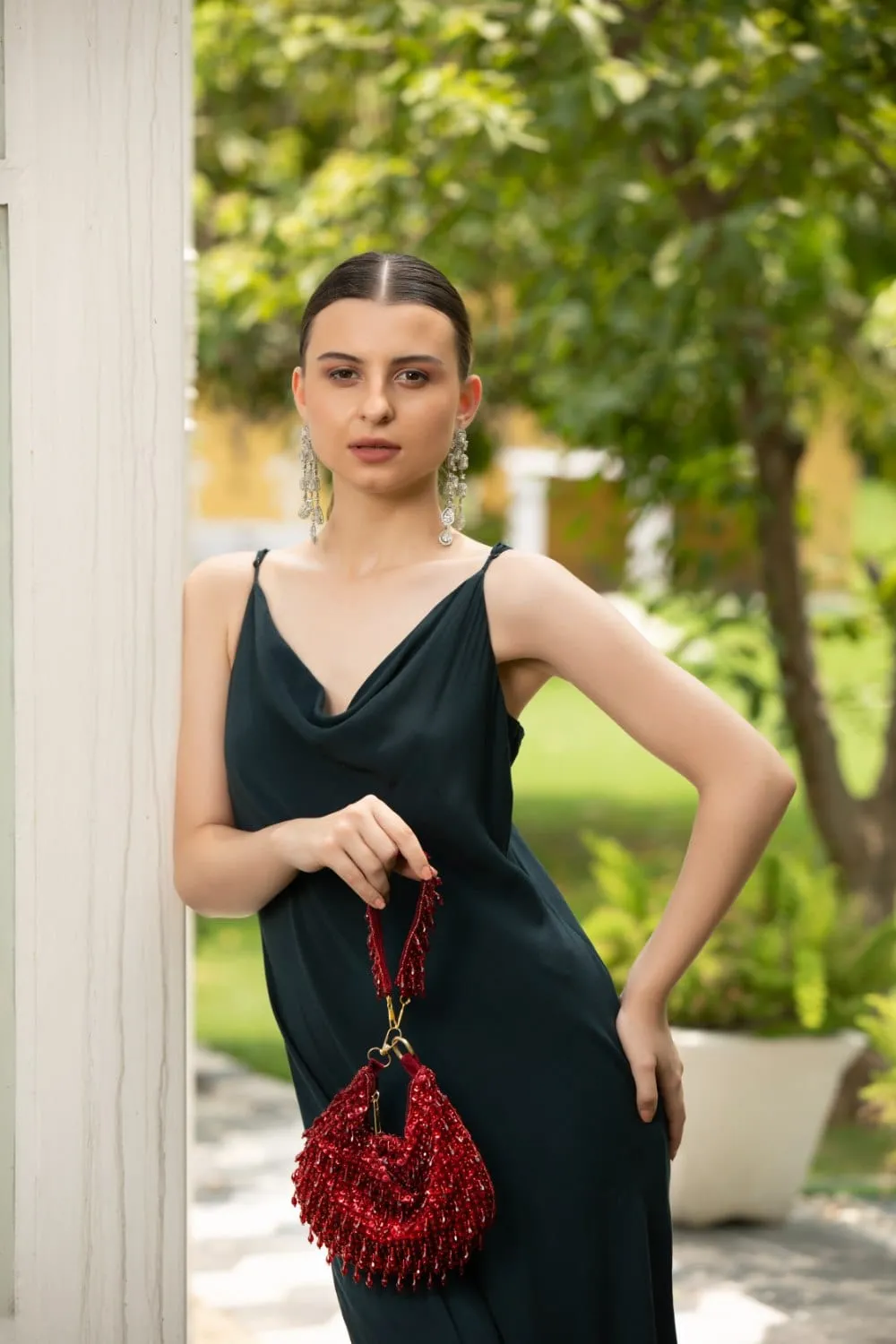 Rosa Red Embroidered Potli Bag With Tassels