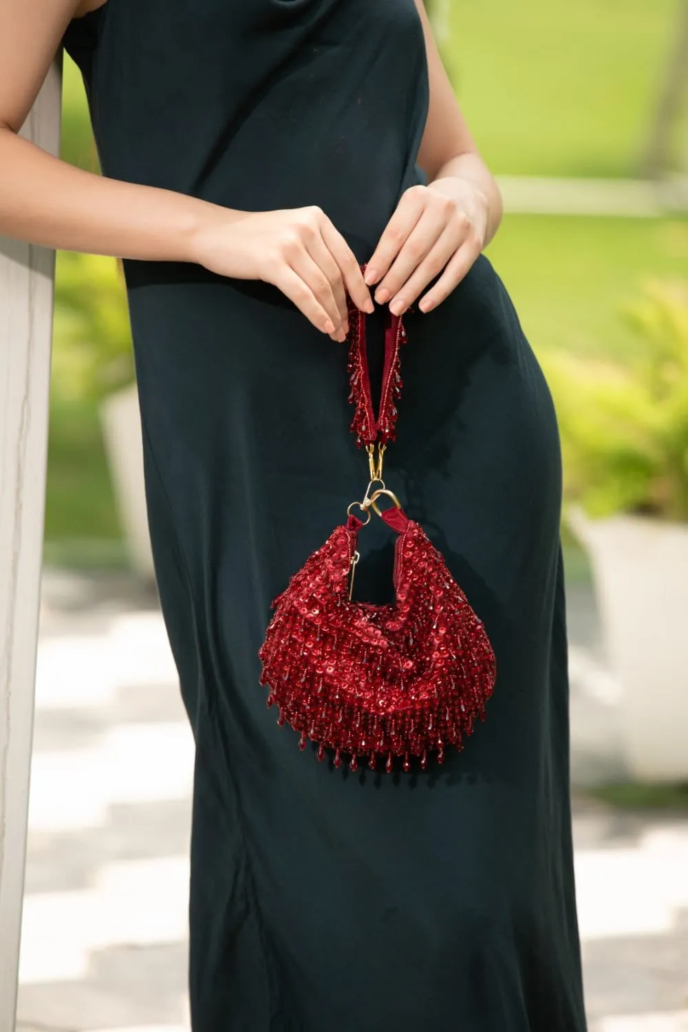 Rosa Red Embroidered Potli Bag With Tassels