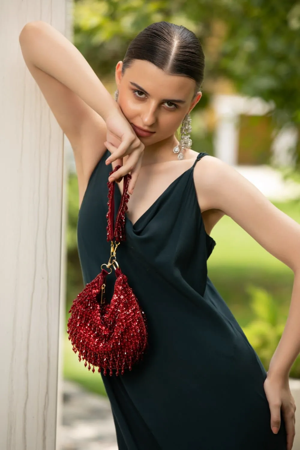Rosa Red Embroidered Potli Bag With Tassels