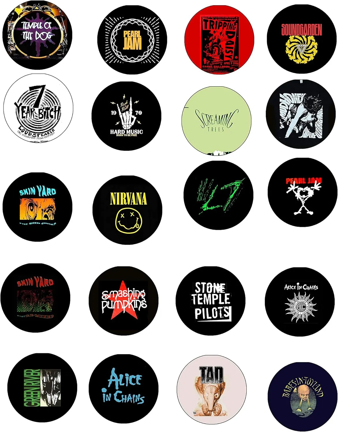Rosella 20 Pcs Grunge Rock and Roll Singers Pinbacks for Jackets, Backpacks, etc. - Black Metal Pin-stem-with-safety Clasp - Made in USA