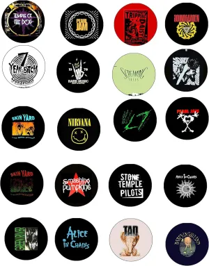 Rosella 20 Pcs Grunge Rock and Roll Singers Pinbacks for Jackets, Backpacks, etc. - Black Metal Pin-stem-with-safety Clasp - Made in USA