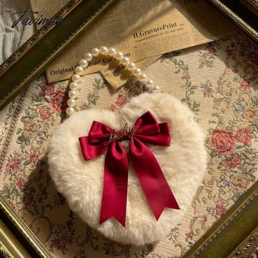 TAVIMART Plush Heart Handbag Women Sweet Bow Fur Chic Pearl Handle Crossbody Bags Female Harajuku Fairycore Lolita Bag Aesthetic