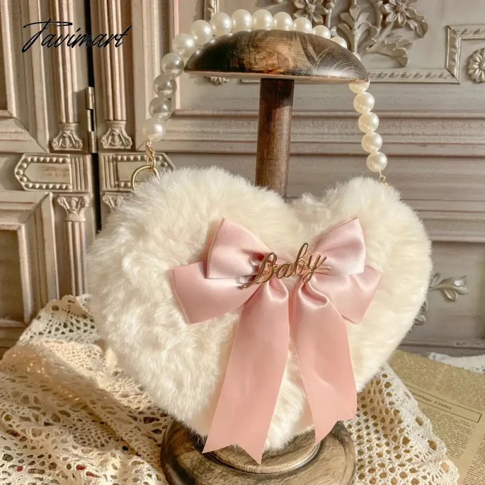 TAVIMART Plush Heart Handbag Women Sweet Bow Fur Chic Pearl Handle Crossbody Bags Female Harajuku Fairycore Lolita Bag Aesthetic