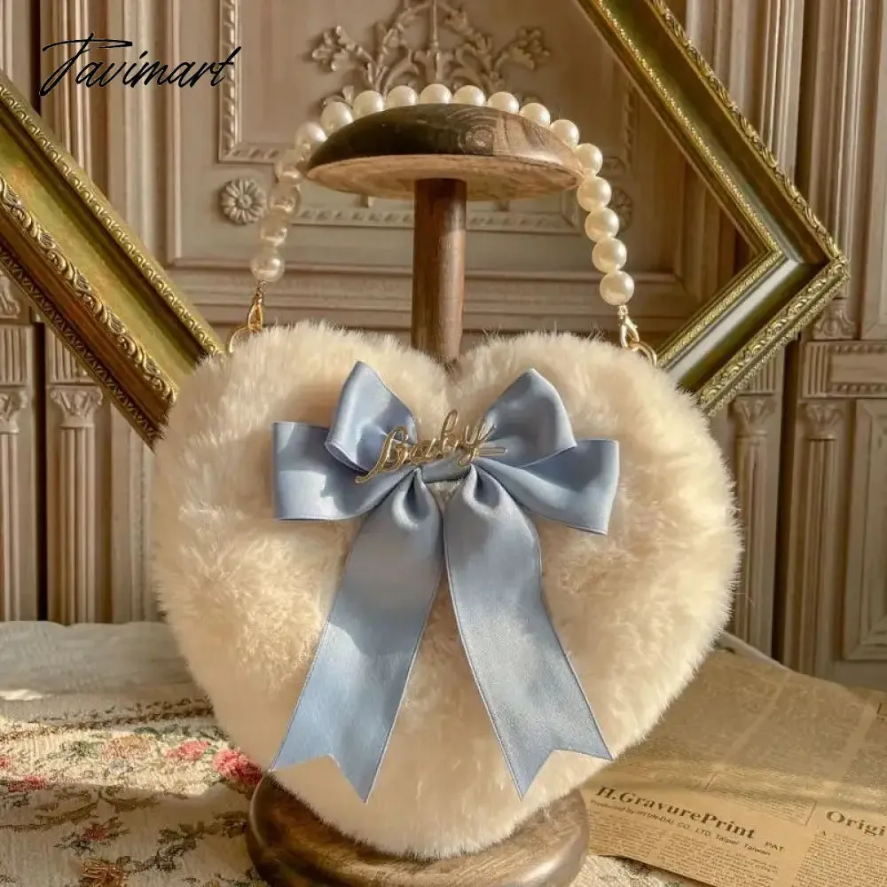 TAVIMART Plush Heart Handbag Women Sweet Bow Fur Chic Pearl Handle Crossbody Bags Female Harajuku Fairycore Lolita Bag Aesthetic