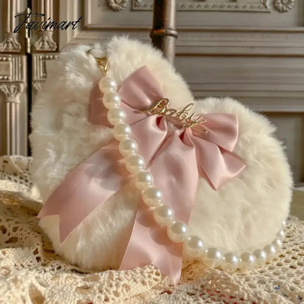 TAVIMART Plush Heart Handbag Women Sweet Bow Fur Chic Pearl Handle Crossbody Bags Female Harajuku Fairycore Lolita Bag Aesthetic