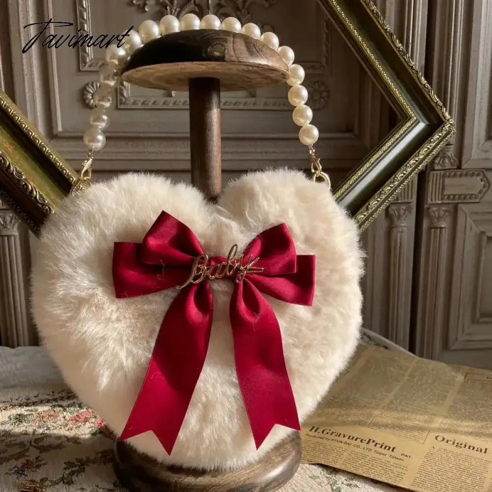 TAVIMART Plush Heart Handbag Women Sweet Bow Fur Chic Pearl Handle Crossbody Bags Female Harajuku Fairycore Lolita Bag Aesthetic
