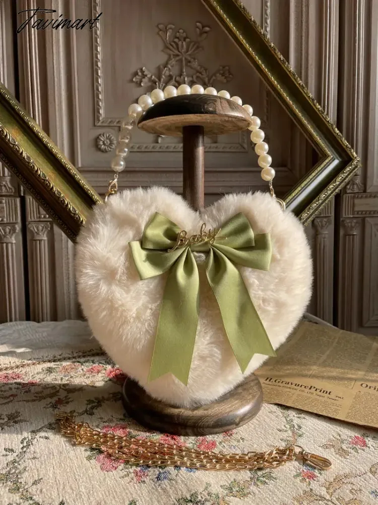 TAVIMART Plush Heart Handbag Women Sweet Bow Fur Chic Pearl Handle Crossbody Bags Female Harajuku Fairycore Lolita Bag Aesthetic