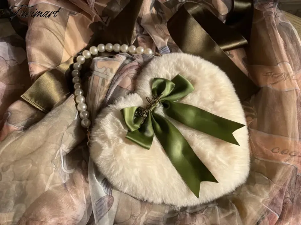TAVIMART Plush Heart Handbag Women Sweet Bow Fur Chic Pearl Handle Crossbody Bags Female Harajuku Fairycore Lolita Bag Aesthetic