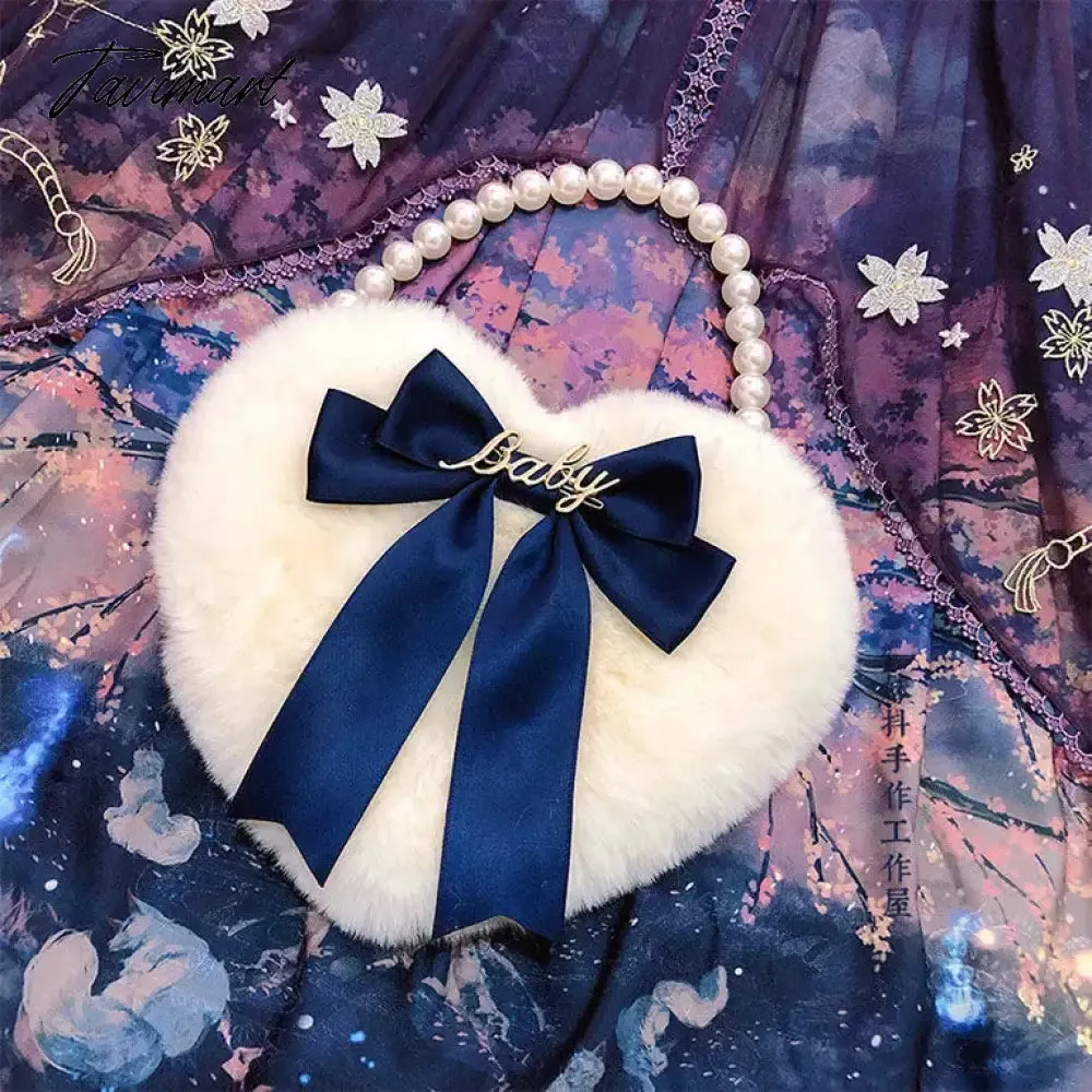 TAVIMART Plush Heart Handbag Women Sweet Bow Fur Chic Pearl Handle Crossbody Bags Female Harajuku Fairycore Lolita Bag Aesthetic