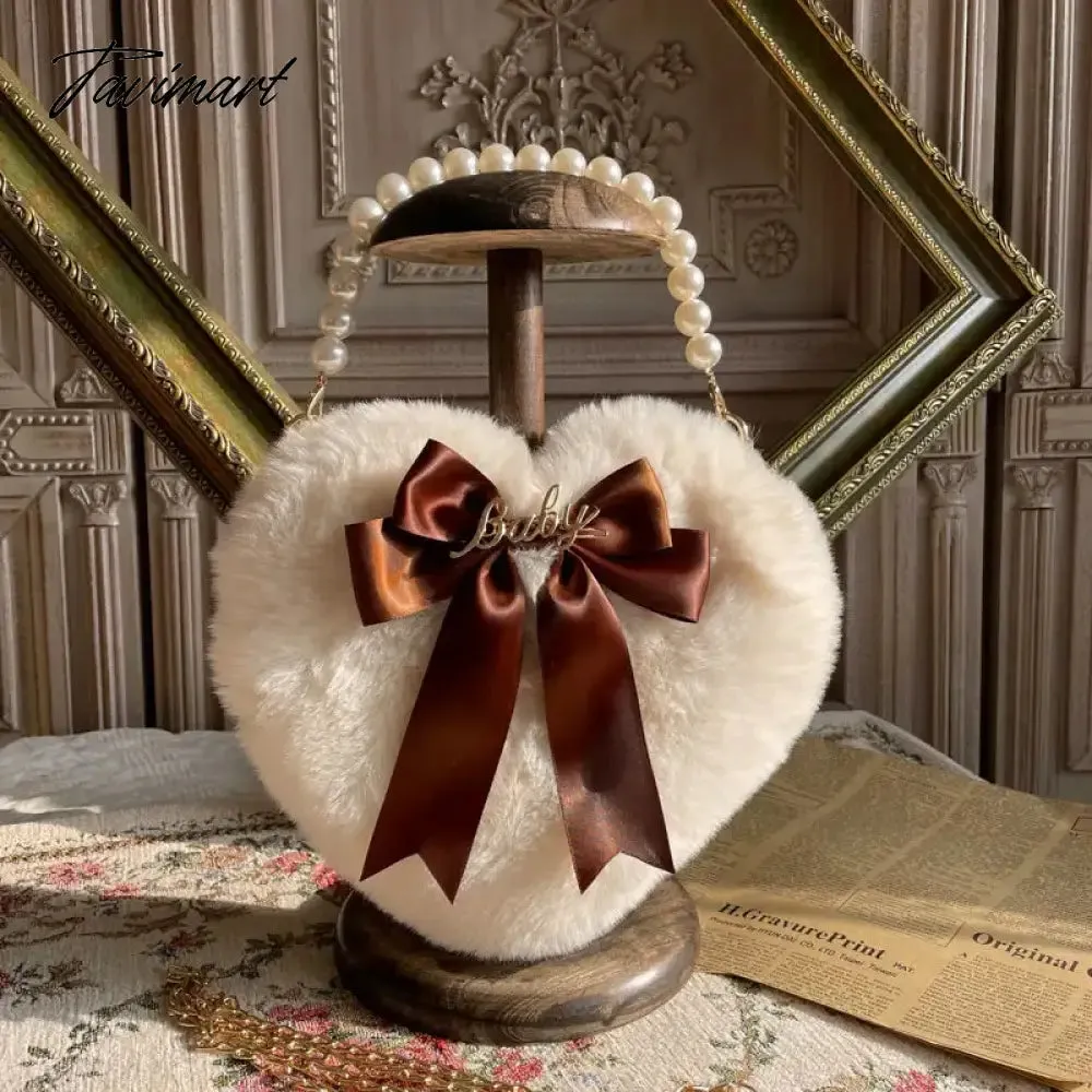 TAVIMART Plush Heart Handbag Women Sweet Bow Fur Chic Pearl Handle Crossbody Bags Female Harajuku Fairycore Lolita Bag Aesthetic