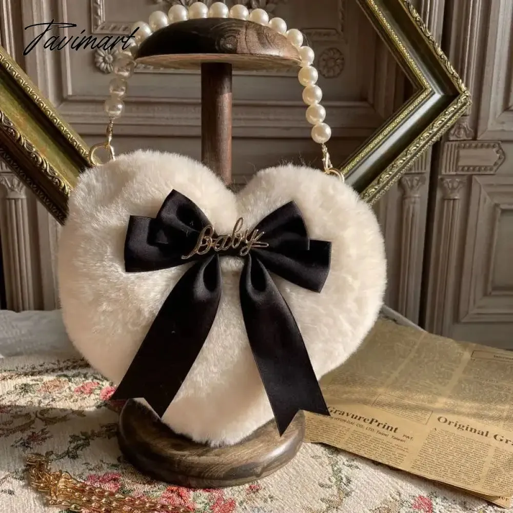 TAVIMART Plush Heart Handbag Women Sweet Bow Fur Chic Pearl Handle Crossbody Bags Female Harajuku Fairycore Lolita Bag Aesthetic
