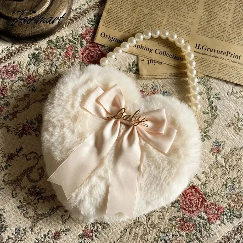 TAVIMART Plush Heart Handbag Women Sweet Bow Fur Chic Pearl Handle Crossbody Bags Female Harajuku Fairycore Lolita Bag Aesthetic